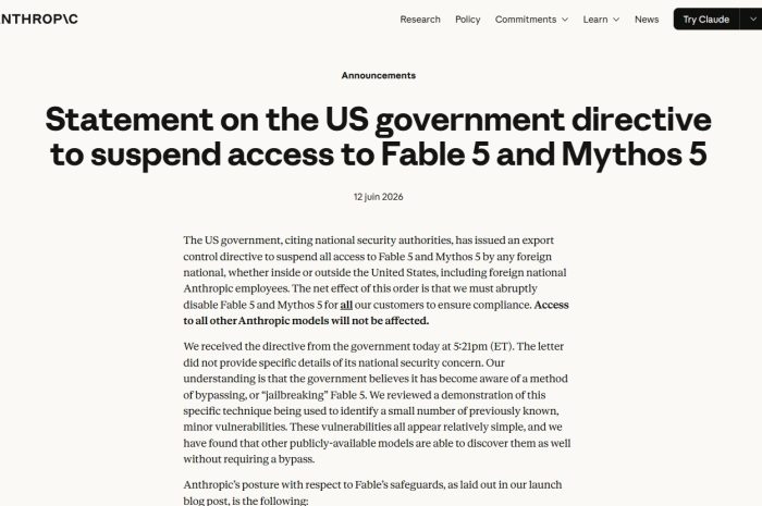 Anthropic suspend ses modèles les plus avancés sur ordre de Washington