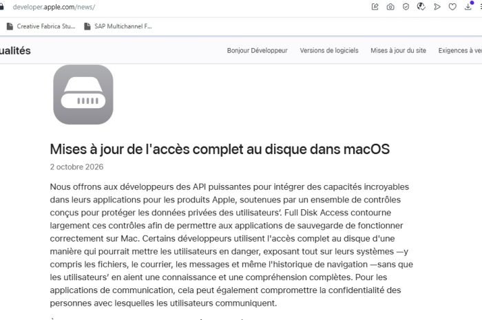 Protection des données et IA <BR> Apple resserre les contrôles sur l’accès complet au disque de macOS